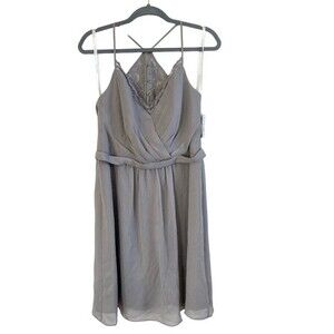 NWT DAVID'S BRIDAL Grey Skinny Strap Chiffon Dress with‎ Lace Back Size 10